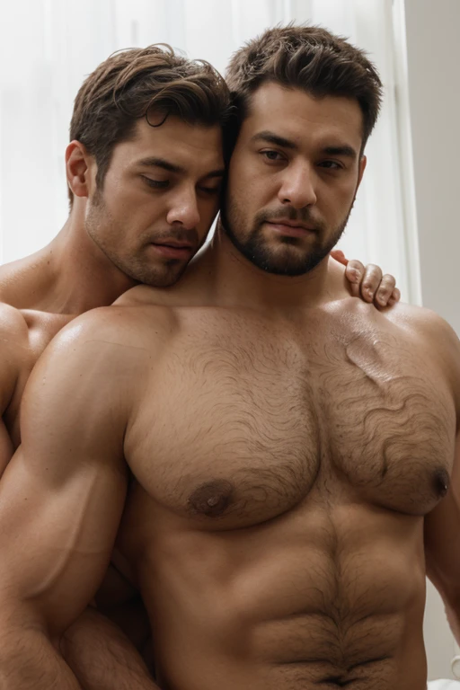 2 men,2人whole body濕透，  Close-up portrait of a man wearing only 3 horns  ,   30 year old man    ，  with a thick beard   ,     Handsome, Sporty man, whole body     , Middle Easterners (        Very Messy Short Hair  ,   super muscular   、     strong biceps  ...