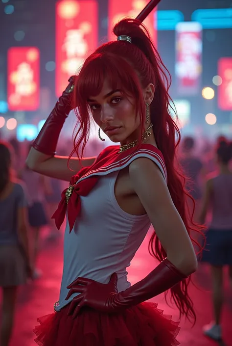 1 woman, 25 years, Brazilian, beautiful,  round face, linda, perfeita ((full body photo)),  main stage of Anime Friends , neon lights,  excited crowd in the background , cosplay de Rei Hino (Sailor Mars), holding the Celerité , power pose com a espada leva...