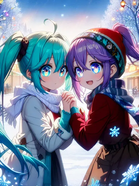 Two anime-style twin girls in a winter scene, set in a snow-covered park with a small ice-skating rink. One girl has a cheerful and energetic expression, wearing a red coat, a knit hat, and a scarf, with her hair in a ponytail. The other girl has a calm an...