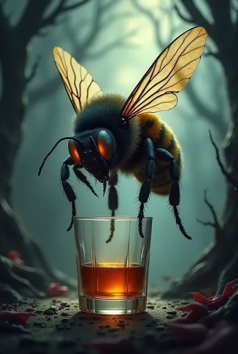 A bee drinking whiskey and the style is quite gothic 