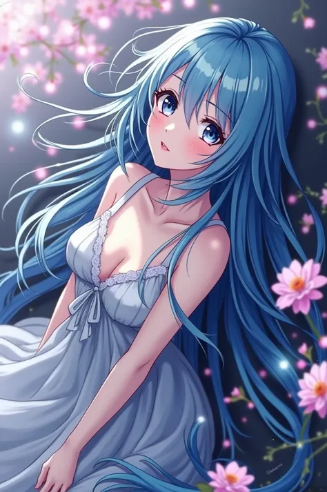  Anime girl with long blue hair 