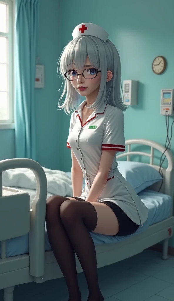  Ultra realistic style ，Low angle upward shot，A young woman sitting by the bedside with her legs bent，Wearing nurse uniform，Nurse hat， silver white hair ， wearing black glasses，Short shorts，Over the knee black stockings