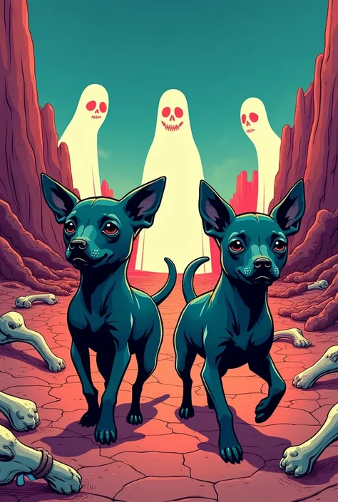  Realistic and colorful Comic-style image of two Xoloescuincles dogs,  of small size Chaparros, smooth-skinned , color negro, walking in a desolate landscape with stark bony ghosts.