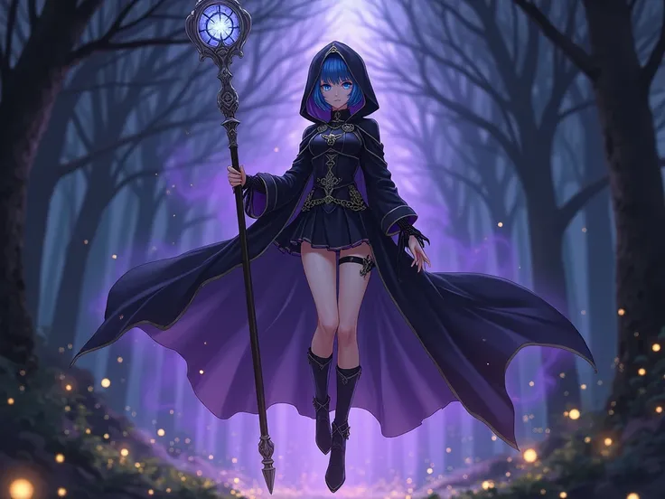 anime, beautiful woman floating ,  beautiful body , Very bright blue eyes, serious face, dark blue short hair , light and sexy black armor with purple and gray details, black miniskirt with gray chain detail,  black hood,  long boots with high heels color ...