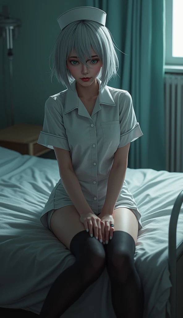  Ultra realistic style ，Upward Shot，A young woman sitting by the bedside with her legs bent，Wearing nurse uniform，Nurse hat， silver white hair ， wearing black glasses，Short shorts，Over the knee black stockings