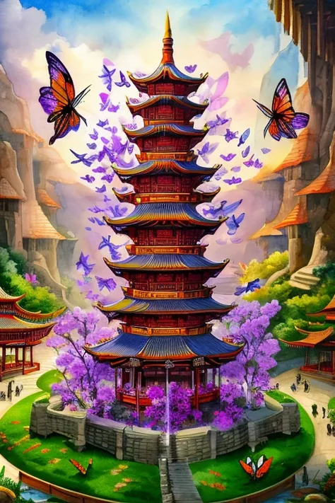 Create a shower of butterflies that form a tornado and that everything is in a design that can be manipulated in various textures. I want divine purple butterflies in Chinese art style in the background, a tornado of purple butterflies and in the backgroun...