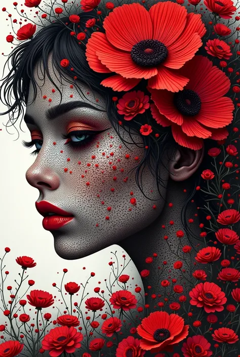 official art, unity 8k wallpaper, very detailed, beautiful and aesthetic, masterpiece, best quality, (zentangle, mandala, tangle, entangle), (fractal art:1.3) , 1 woman, Red flowers, very detailed, dynamic angle, cowboy shot, The most beautiful form of cha...