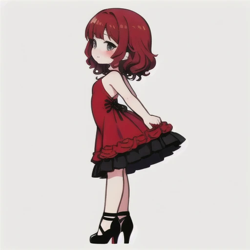  short fibers, Curly hair, Red dress, fitting dress, Short dress, High heel shoes, sexy poses, Friday Night Funkin Girl , only side view, standing straight . Hands on the back side 