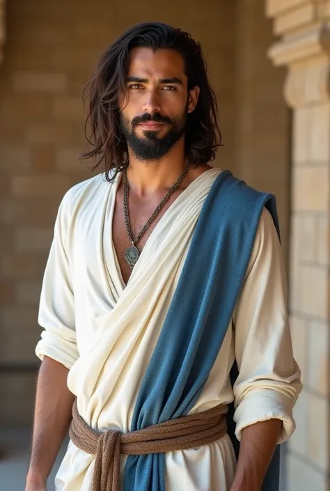 Man in white robe and blue stripe standing in front of a wall, Handsome Prince of Persia,  portrait of Bedouin D &d, dressed as Jesus Christ,  with a smiling orientalist face ,  Jason Momoa as Assyrius , young greek, image of a male cleric, a portrait of t...