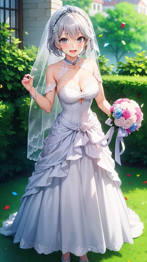 masterpiece, best quality, , girl, solo, male focus, looking at viewer, lux_arcadia, grey hair, grey eyes, large breasts, wedding Dress, standing, garden, confetti, holding bouquet, smile, open mouth,