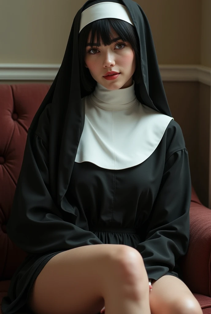  Realistic image of a nun , Young, beautiful,  fringed black hair,  Wear classic Catholic habit showing white panties, ( very short pleated dress), sitting ,  erotic pose  ,  sculptural body,  WIDE HIP ,  thin waist ,  thick legs . Sorriso sexy.
