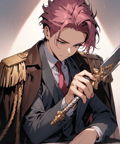 Handsome, solo, beautiful man, dark pink hair, hairstyle that shows his forehead, short hair, He is wearing a suit with epaulets on his shoulders, is looking down at me with his chin slightly raised, is wearing half-gloves, and is holding a Western sword i...