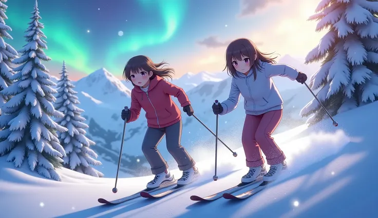 (best quality,4k,8k,highres,masterpiece:1.2),ultra-detailed,(realistic,photorealistic,photo-realistic:1.37),2 cute anime girls skiing down a snowy fantasy mountain, detailed facial features, beautiful detailed eyes, beautiful detailed lips, extremely detai...