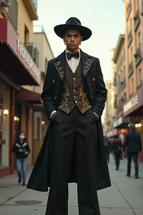  A young man dressed like a pachuco on the streets of Los Angeles, challenging society with his dress and attitude .