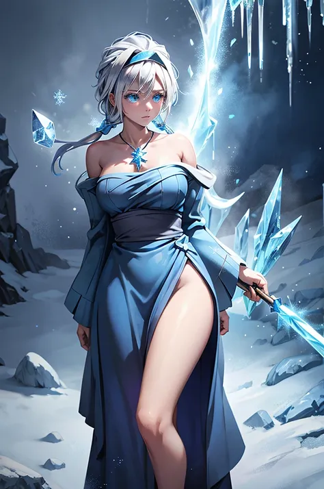 Mage, blue robes, icicles on back, blizzard, ice magic, beauty, calming gaze, icy cold breath, staff of ice