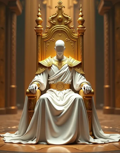 A great king posing without his head in front,  with white robes long up to his feet ,  with a gold belt , a golden shoulder armour seated and leaning against a great all-gold throne, Spacious and with a throne-back that is high all in gold. This king is s...