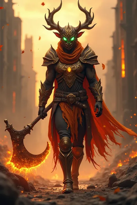 **(( CREATE THE IMAGE OF THE CHARACTER WALKING IN A DESTROYED CITY AND PASSING A SEA OF LAVA ))**  Character Design :

 Main Armor :  Tons of copper ,  burnt orange and gold ,  reflecting the cores of autumn and the earths fertility .
head/Elmo:  A stylize...