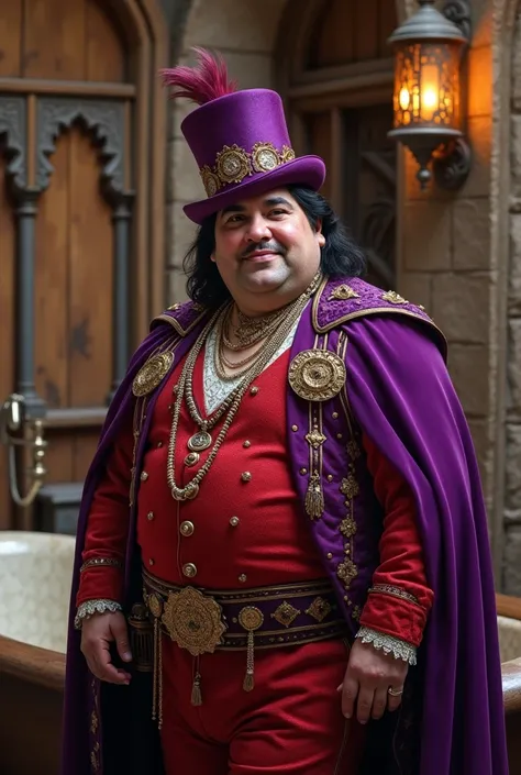  A man, fatty,  wearing extravagant red clothes and wears jewelry ,  adornments and makeup that highlights the eyes .  He wears a very chic purple cape .  He has black hair brushed back and wears a very chic purple hat with a feather attached to his hat.  ...