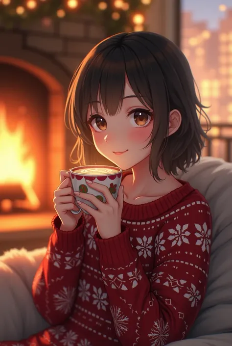 A beautiful woman with beautiful eyes:1.2, detailed eyes, beautiful full lips, highly detailed eyes and faces, long eyelashes, cute expression, smile, sitting:1.4, holding a cup of hot latte, homely background, Christmas sweater, fireplace, warm light, det...