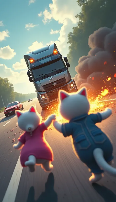 A ****** white cat in a pink frock reaches on highway in front of cars while running and gets scared and suddenly a white cat in blue geans comes to protect.supprised Big truck starts coming towards them and tries to hit them and that brown cat in blue jea...