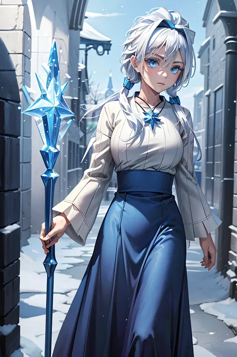 Mage, blue robes, blizzard, ice magic, beauty, calming gaze staff of ice, 