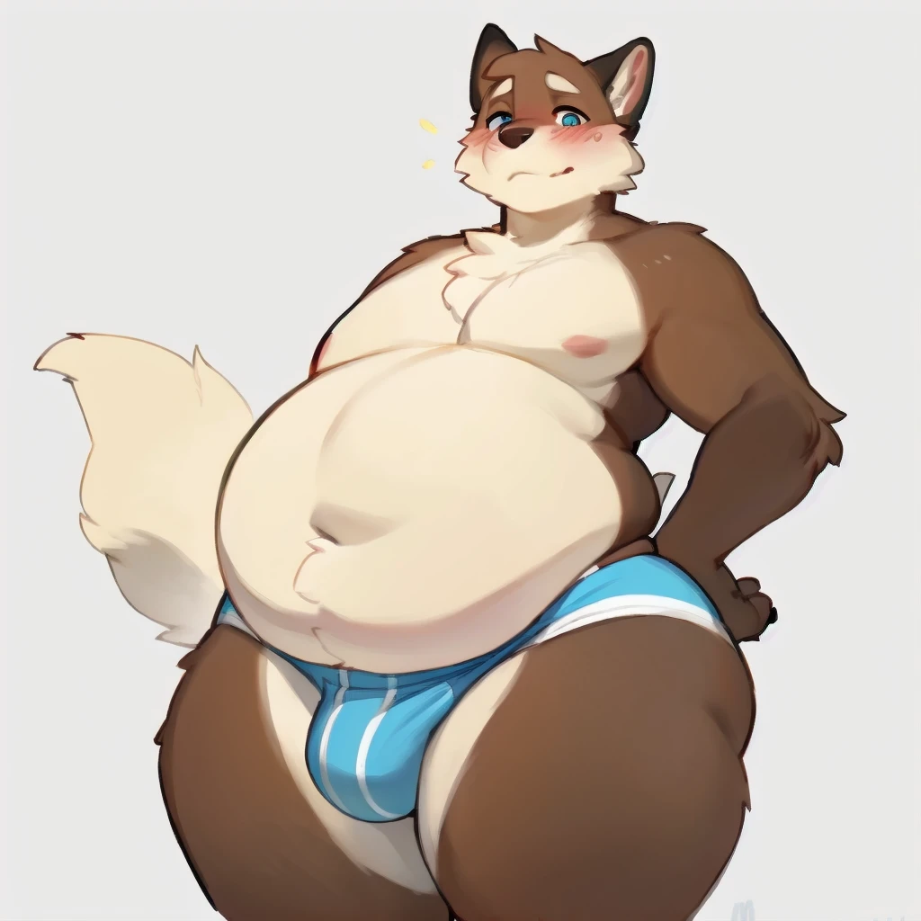 By chelodoy, by zaush, by bebebebebe, by spuydjeks,1furry, by meesh, by bigcozyorca, solo, male, feminine, femboy,blush, fluffy fur, white fur blushing, flustered,big fat belly, big chubby belly, plump ass, hourglass shape, narrow shoulders, wide hips, rea...