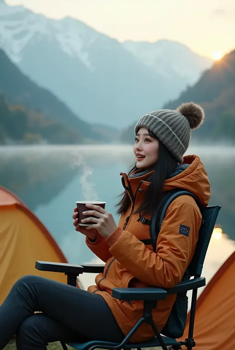 cinematic a korean women, wearing hiking gear, wearing a beanie on his head holding a cup of coffee mug sitting using a folding chair near the lake smiling at the camera, with a view of a lake and mountains, there are many tents, the atmosphere in the morn...