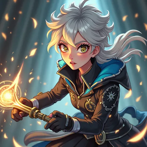  Kael - The Keeper of Time 

Idade:  

Appearance :
 Male version Silver hair that shines slightly when she uses her power ,  golden eyes with clock-shaped marks when activating the crystal.  Bring a black and blue jacket with metallic details,  that resem...