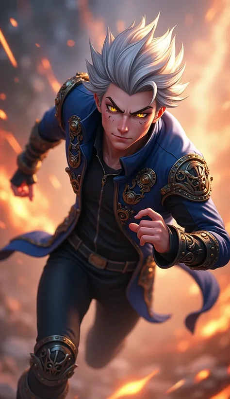  Kael - The Keeper of Time 

Idade:  

Appearance :
Male Version, Silver hair that shines slightly when using her power ,  golden eyes with clock-shaped marks when activating the crystal.  Bring a black and blue jacket with metallic details ,  that resembl...