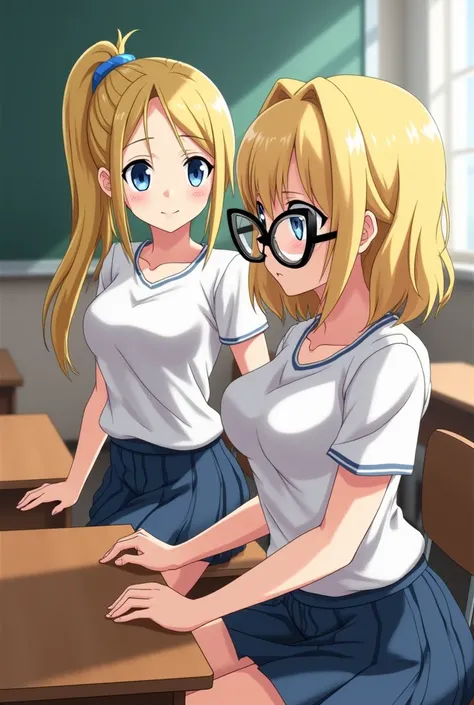 screenshot of my hero academia, two girls, side profile, light blonde hair, bright blue eyes, (((oversized cat-eye glasses))), T-shirt, exposed waist, slim with huge bust, ((huge sexy breasts)), sitting at a table in a classroom, skirt, with his cold gaze 