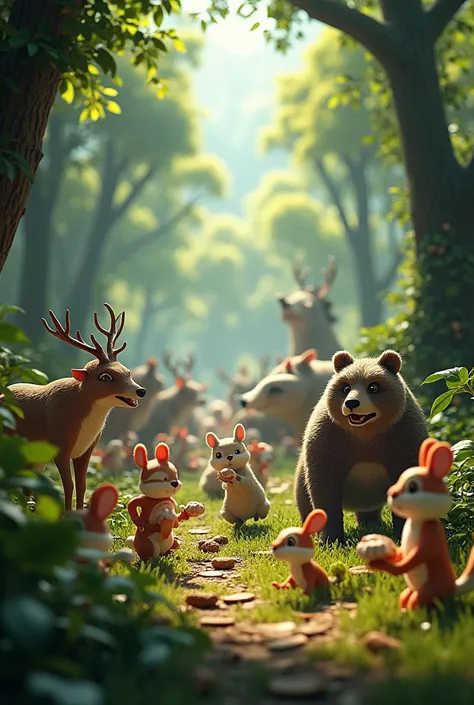 3D Small animals and large animals squabble scrambling for food in the lush forest