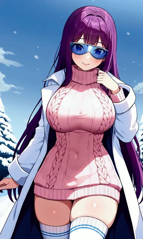 A cute woman (age 20, sexy thigh high stockings, heavy coat and sweater, toboggin, sports shades, all clothing matching pink and violet heart patterns), she is skiing down a flag marked sprint course
