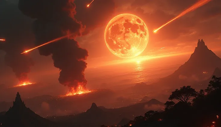 An ultra realistic aerial representation of many incandescent meteors in the sky, falling on planet Earth and the sea .  The image shows the devastation caused by meteors , with erupting volcanoes throwing lava into the sky ,  fires spreading through the f...