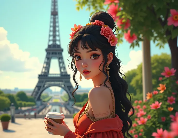 An oriental girl with dark brown eyes, wearing avant-garde clothes, with slightly curly long hair decorated with flowers. Accessories, that cup of coffee, standing in front of the Eiffel Tower, sweet smile, anime style. Natural light CG, brilliant colors, ...