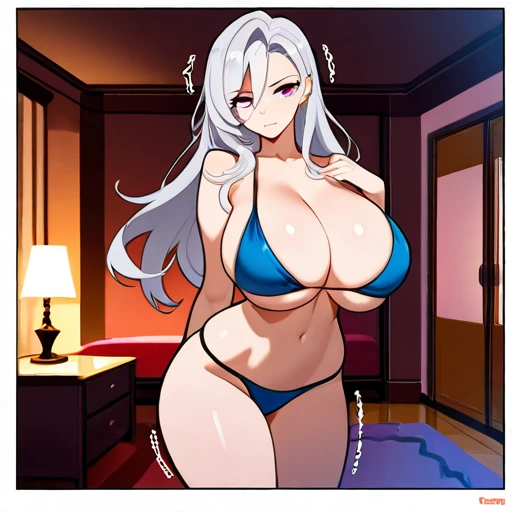 masterpiece,  Best Quality ,  finely detailed ,  High resolution , extremadamente delicado y hermoso, 1 girl,  silver hair , ( huge breasts ),  narrow waist, (bikini:1.2), ( room), (Shaking:1.2)