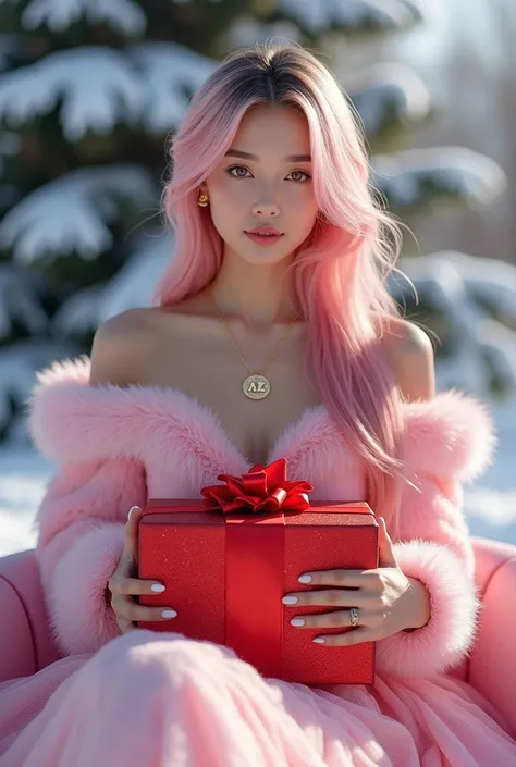 Make me a profile picture of a gorgeous woman on a  pink winter gown not. She has a pink long hair and brown eyes. She is holding a Big red Christmas gift. The background is outdoor Christmass tree with snow. She is seating of a pink chair with snow. Write...