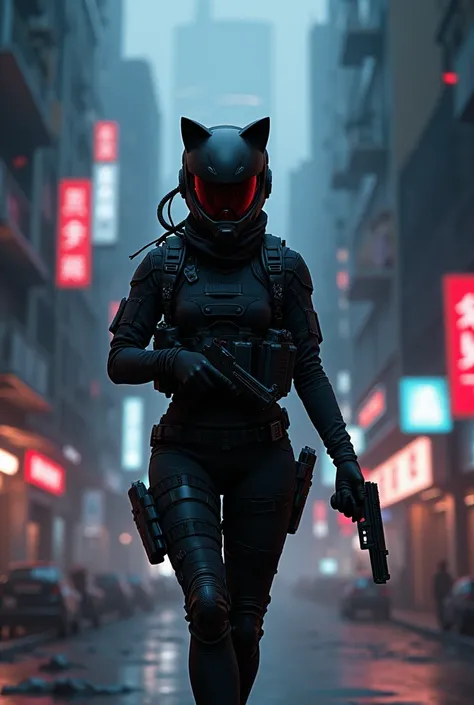 semi-realistic, 1girl, tactical gear, black suit, helmet with cat ears, handgun, night city background