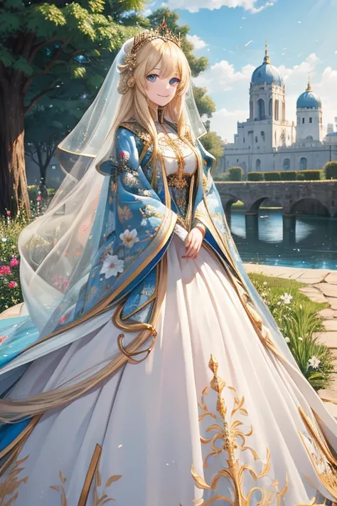 masterpiece,  top quality,   very detailed, 16k,    super high resolution   ,   Cowboy Shots,   detailed face  ,  perfect meaning  ,  1 female, ,   blue eyes,  blonde alone , , royal palace, garden, ,  long train dress and long cape hair,   long hair , Hai...