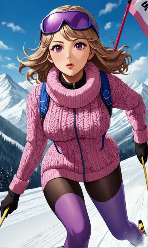 A cute woman (age 20, sexy thigh high stockings, heavy coat and sweater, toboggin, sports shades, all clothing matching pink and violet heart patterns), she is skiing down a flag marked sprint course
