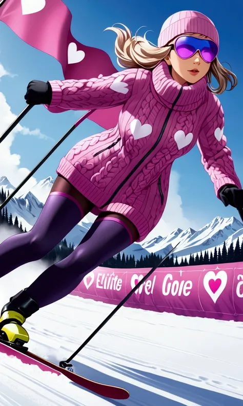 A cute woman (age 20, sexy thigh high stockings, heavy coat and sweater, toboggin, sports shades, all clothing matching pink and violet heart patterns), she is skiing down a flag marked sprint course
