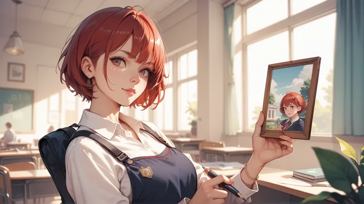 1 woman, student, red short hair, holding a picture