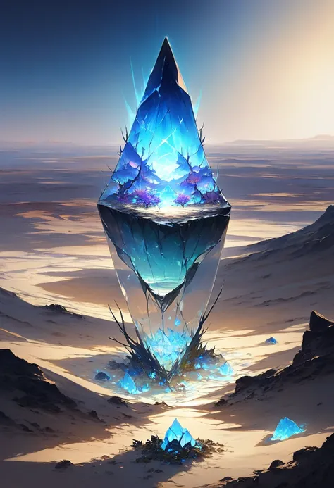 A massive shard of glowing glass emerging from the earth at the edge of a vast desert. Inside the shard, an entire miniature ecosystem thrives, glowing softly and contrasting with the barren, dark landscape around it.