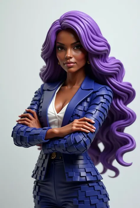 Create an image of a woman in the shape of in Lego, executive, long purple hair,  brown skin