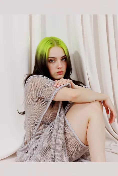 realistic image of Billie Eilish with long and smooth muscular , grey eyes, muscular nude in a photo studio lying down covered by a transparent cloth lying on the floor, You can see her naked artistic breasts  