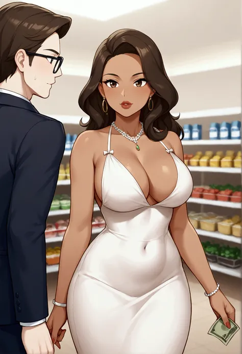 
1girl, a curvy black brown-skinned woman with big lips. She is taking all the money out of a mans wallet and leaves the wallet empty. She is giggling evilly. Fancy store setting. A man is frowning because she took all his money. She is dressed a bit modes...