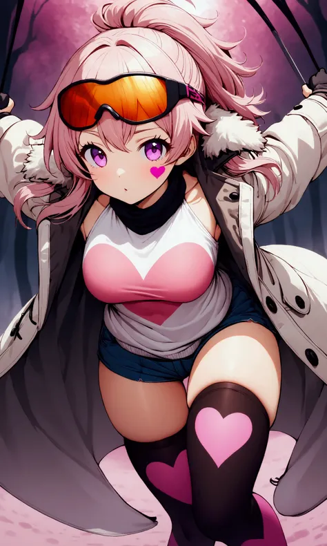 A cute woman (age 20, sexy thigh high stockings, heavy coat and sweater, toboggin, sports shades, all clothing matching pink and violet heart patterns), she is skiing down a flag marked sprint course
