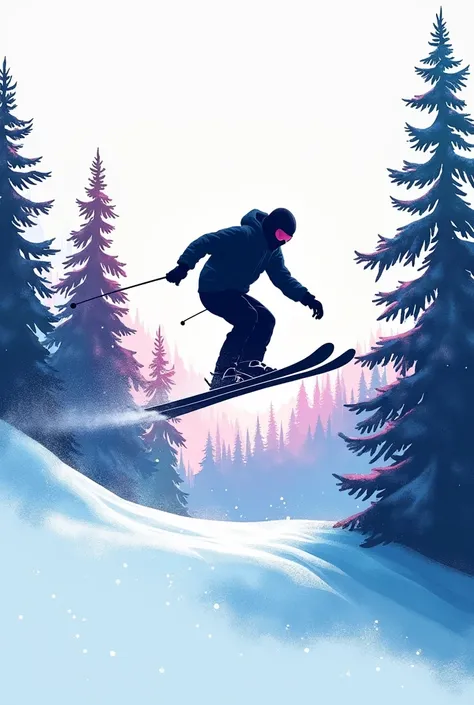 
                Double Exposure Sign Style Creative Sign Illustration Silhouette Skiing Jumping Silhouette Skiing Bouncing in the Air Jumping Snowboard , Blending White Snow and Pine Winter Snow Landscape Vibrant Gradient Vibrant Color Blue White Purple F...