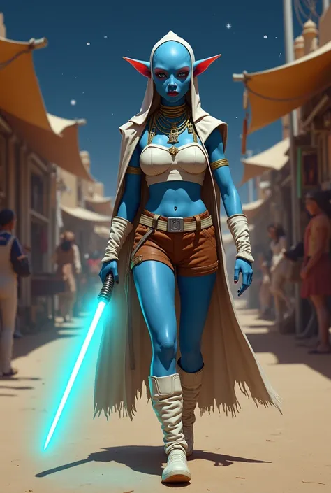  A blue-skinned woman of the species Twilek , de labios rojos,  dressed in a brassier and a small, tight brown leather shorts,  with white knee-length boots .  with a white belt .  White bracelets and a gold necklace surrounding her neck .  The woman carri...