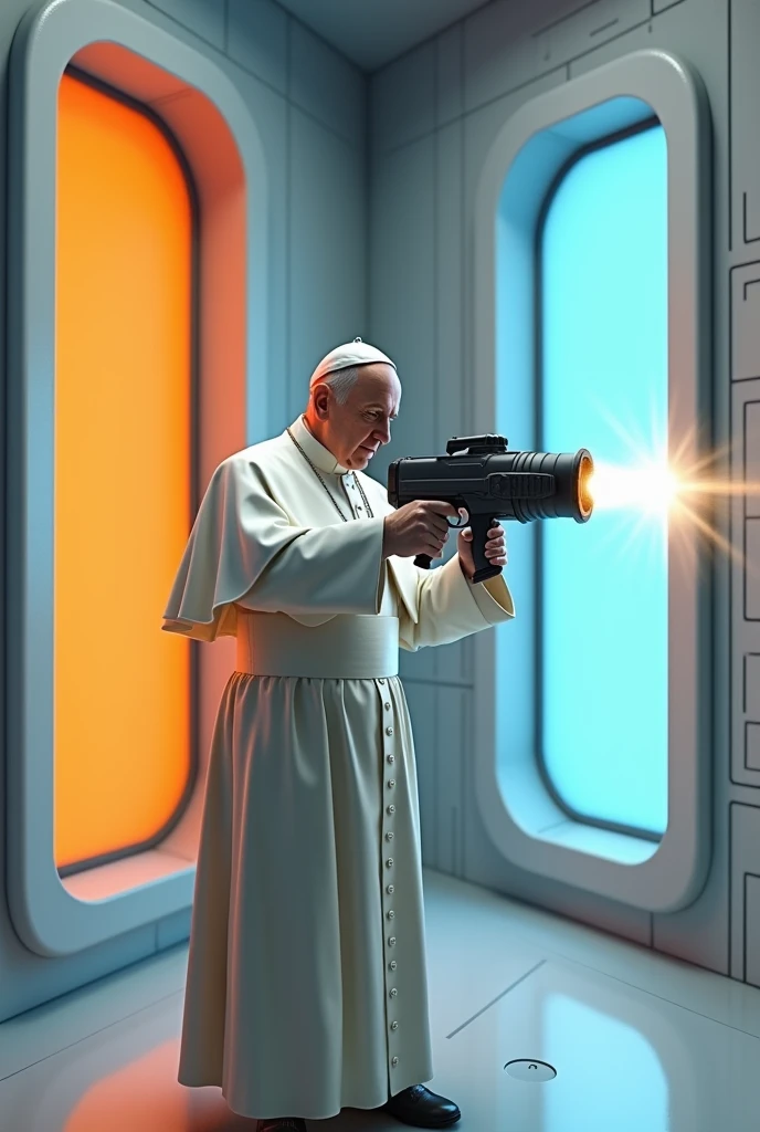 Portals 2, with pope francis firing the portal gun. A portals video game orange bordered portal on the wall and blue bordered portal on the floor.