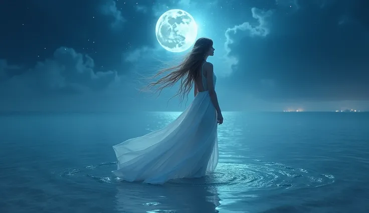 a slim and beautiful 18-year-old girl, 1girl, flowing white dress, standing in sea water, white flowing dress, night, pearls in water, starry sky, full blue moon, goddess walking on water.  Flowing long hair and flowing white dress due to the wind.  (best ...